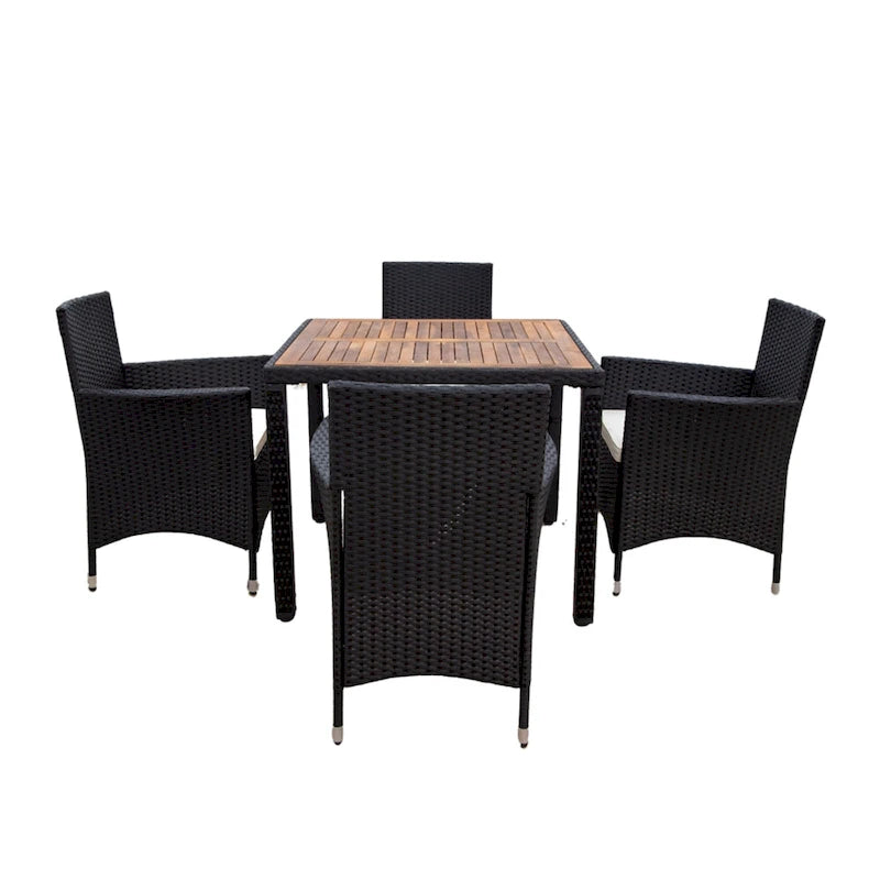 Ensemble de salle à manger d'extérieur en résine tressée 5 pièces, table basse de pique-nique avec 4 coussins amovibles et fauteuils en résine tressée.