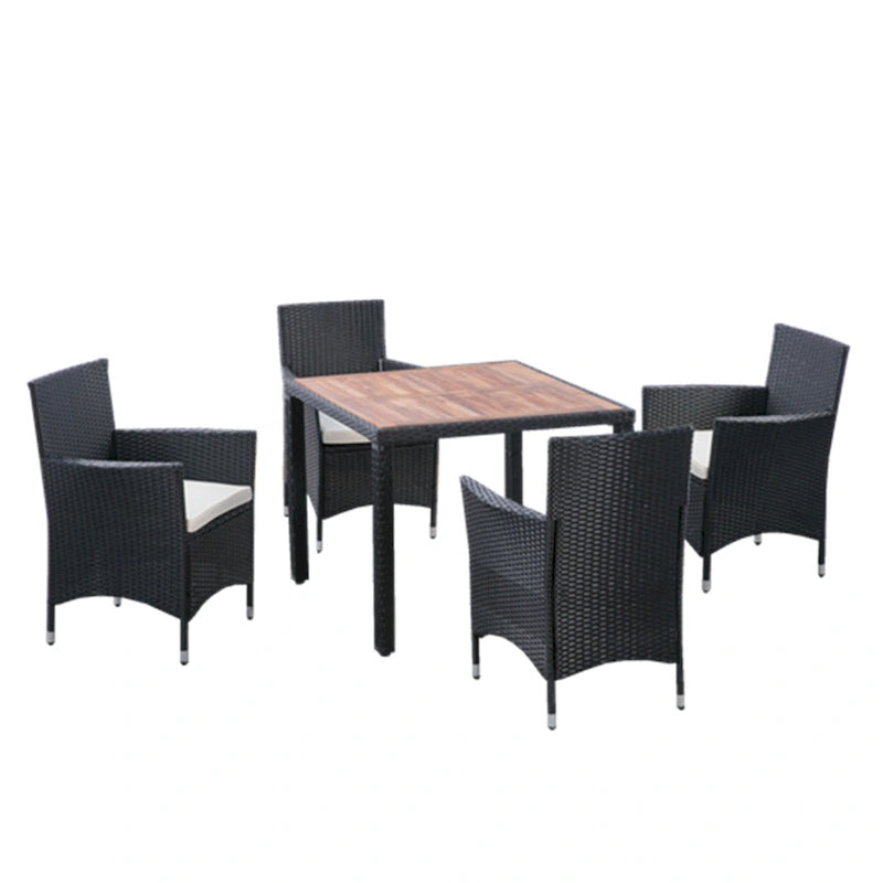Ensemble de salle à manger d'extérieur en résine tressée 5 pièces, table basse de pique-nique avec 4 coussins amovibles et fauteuils en résine tressée.
