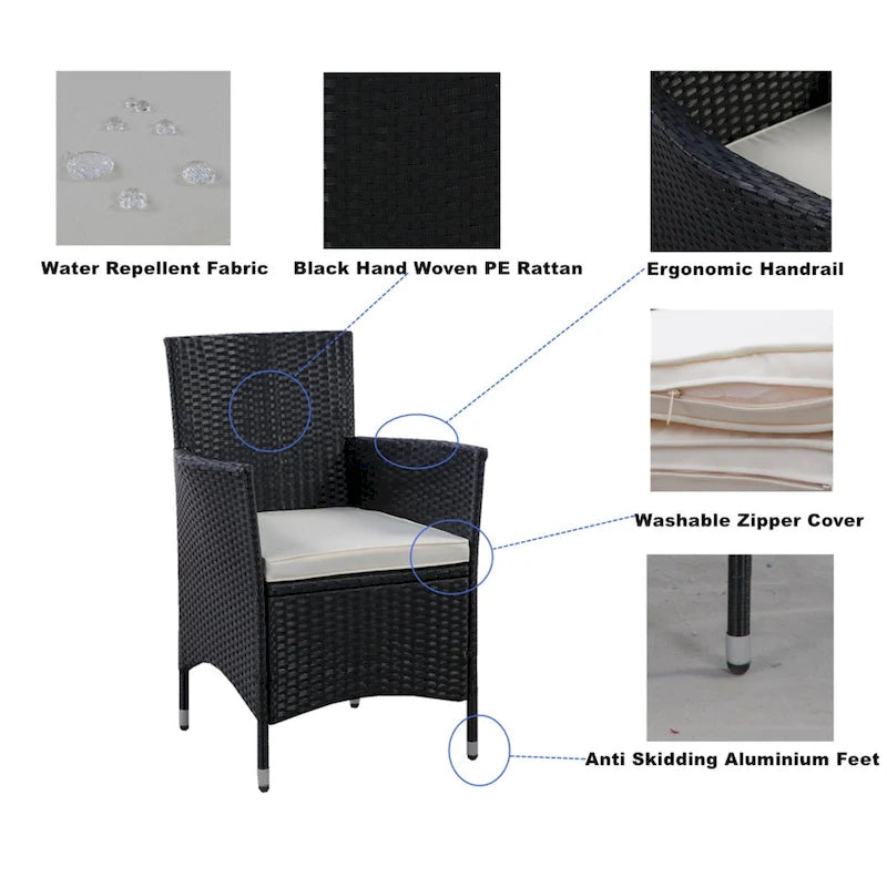 Ensemble de salle à manger d'extérieur en résine tressée 5 pièces, table basse de pique-nique avec 4 coussins amovibles et fauteuils en résine tressée.