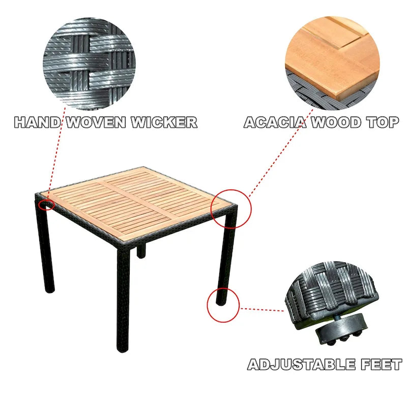 Ensemble de salle à manger d'extérieur en résine tressée 5 pièces, table basse de pique-nique avec 4 coussins amovibles et fauteuils en résine tressée.