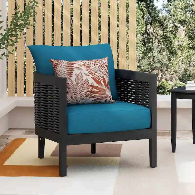 Fauteuil club d'extérieur en bois d'acacia et résine tressée avec coussins imperméables, fauteuil individuel en rotin pour terrasse, club, jardin, véranda