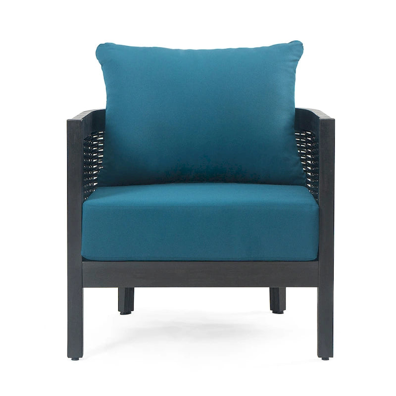 Fauteuil club d'extérieur en bois d'acacia et résine tressée avec coussins imperméables, fauteuil individuel en rotin pour terrasse, club, jardin, véranda
