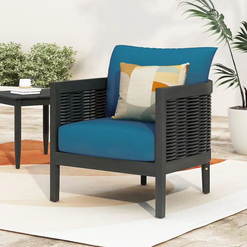 Fauteuil club d'extérieur en bois d'acacia et résine tressée avec coussins imperméables, fauteuil individuel en rotin pour terrasse, club, jardin, véranda