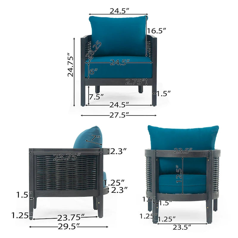 Fauteuil club d'extérieur en bois d'acacia et résine tressée avec coussins imperméables, fauteuil individuel en rotin pour terrasse, club, jardin, véranda