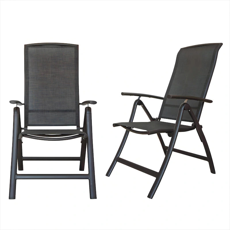 Ensemble de 2 chaises de jardin pliantes, structure en aluminium, inclinables, avec dossier haut réglable.