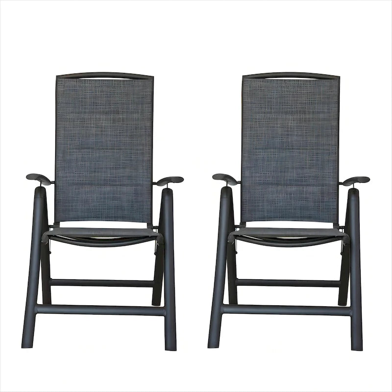 Ensemble de 2 chaises de jardin pliantes, structure en aluminium, inclinables, avec dossier haut réglable.
