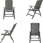 Ensemble de 2 chaises de jardin pliantes, structure en aluminium, inclinables, avec dossier haut réglable.