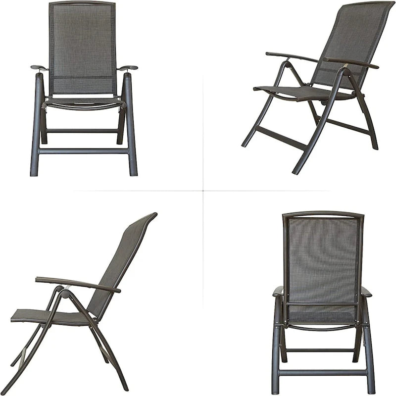 Ensemble de 2 chaises de jardin pliantes, structure en aluminium, inclinables, avec dossier haut réglable.
