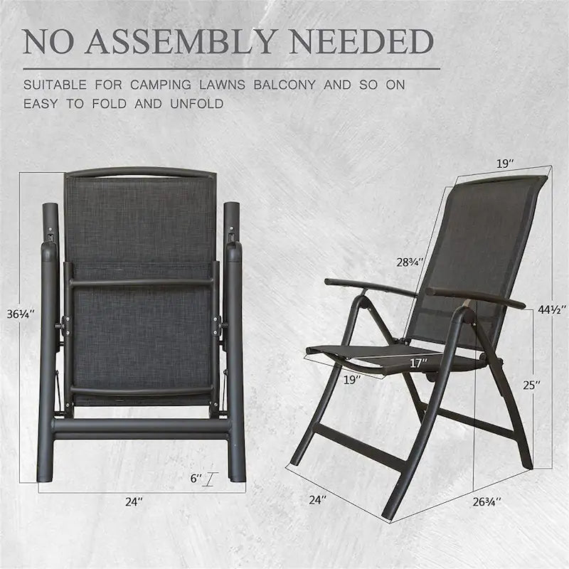 Ensemble de 2 chaises de jardin pliantes, structure en aluminium, inclinables, avec dossier haut réglable.