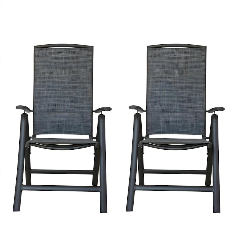 Ensemble de 2 chaises de jardin pliantes, structure en aluminium, inclinables, avec dossier haut réglable.
