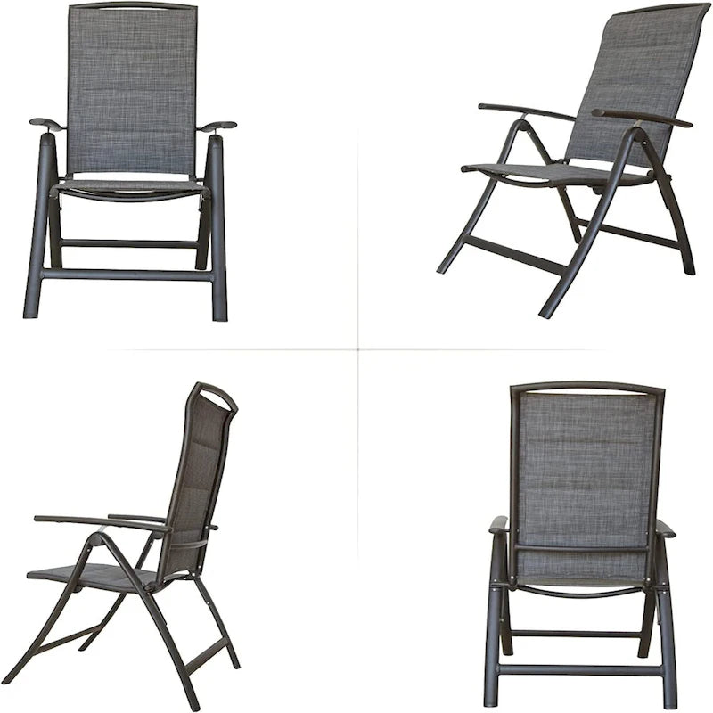 Ensemble de 2 chaises de jardin pliantes, structure en aluminium, inclinables, avec dossier haut réglable.