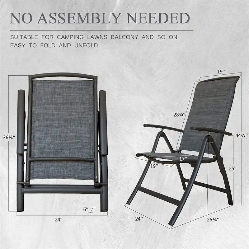 Ensemble de 2 chaises de jardin pliantes, structure en aluminium, inclinables, avec dossier haut réglable.
