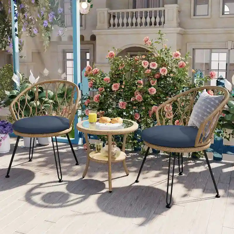 Ensemble de loisirs d'extérieur, 2 chaises individuelles en rotin et 1 table ronde en verre