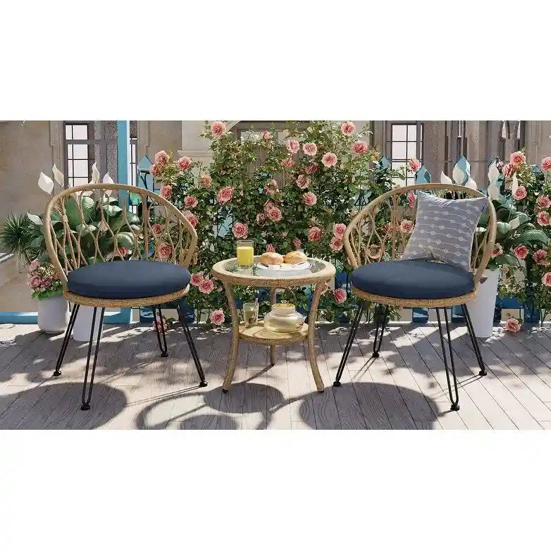 Ensemble de loisirs d'extérieur, 2 chaises individuelles en rotin et 1 table ronde en verre