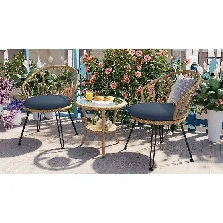 Ensemble de loisirs d'extérieur, 2 chaises individuelles en rotin et 1 table ronde en verre