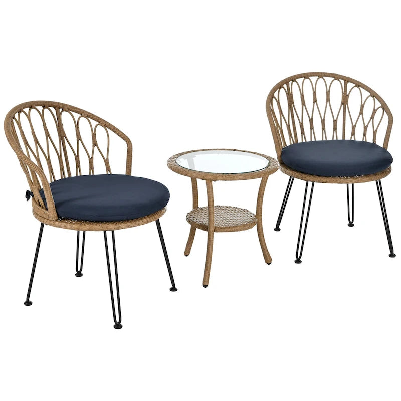 Ensemble de loisirs d'extérieur, 2 chaises individuelles en rotin et 1 table ronde en verre
