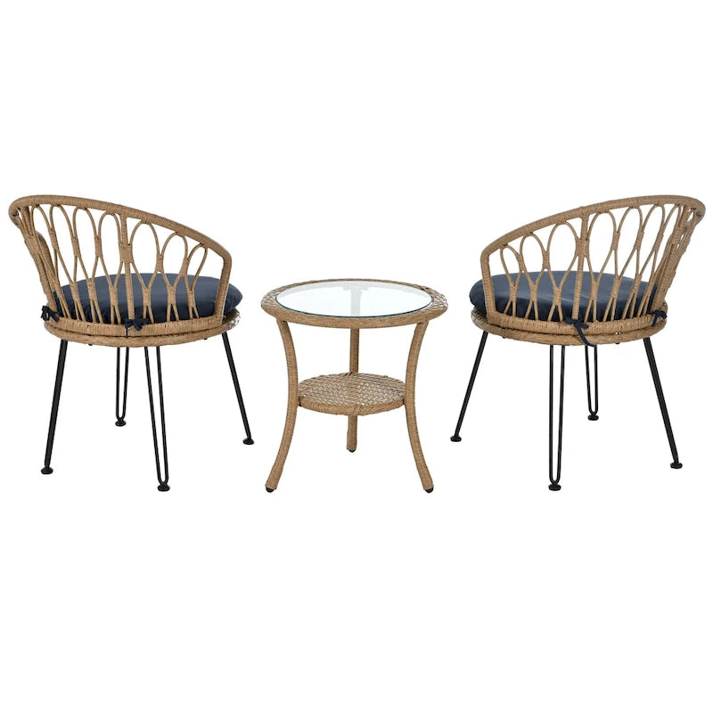 Ensemble de loisirs d'extérieur, 2 chaises individuelles en rotin et 1 table ronde en verre