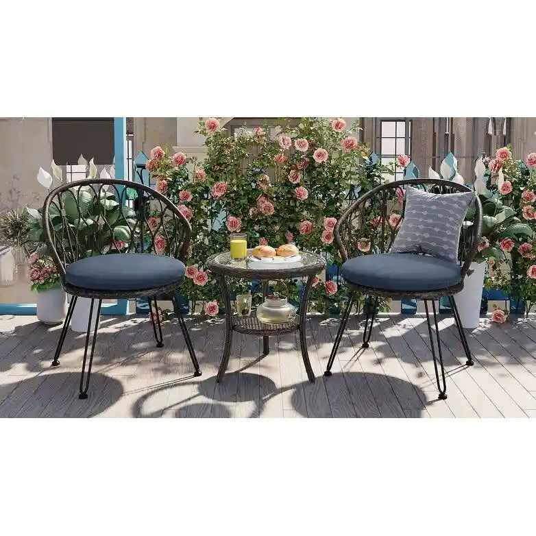 Ensemble de loisirs d'extérieur, 2 chaises individuelles en rotin et 1 table ronde en verre