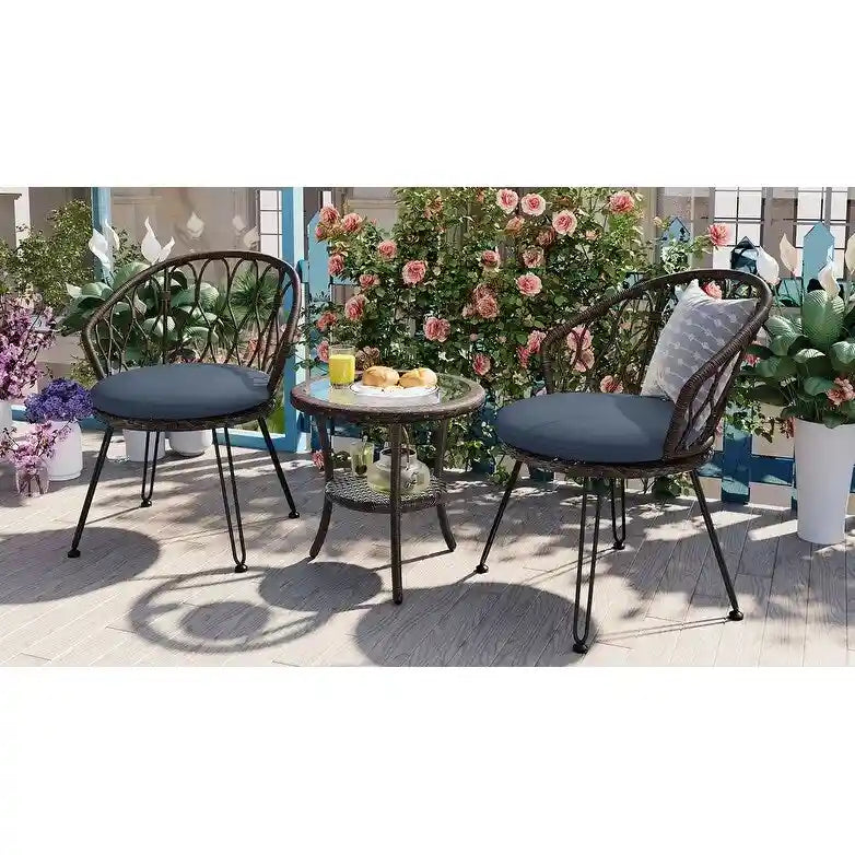 Ensemble de loisirs d'extérieur, 2 chaises individuelles en rotin et 1 table ronde en verre