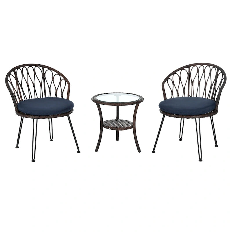 Ensemble de loisirs d'extérieur, 2 chaises individuelles en rotin et 1 table ronde en verre