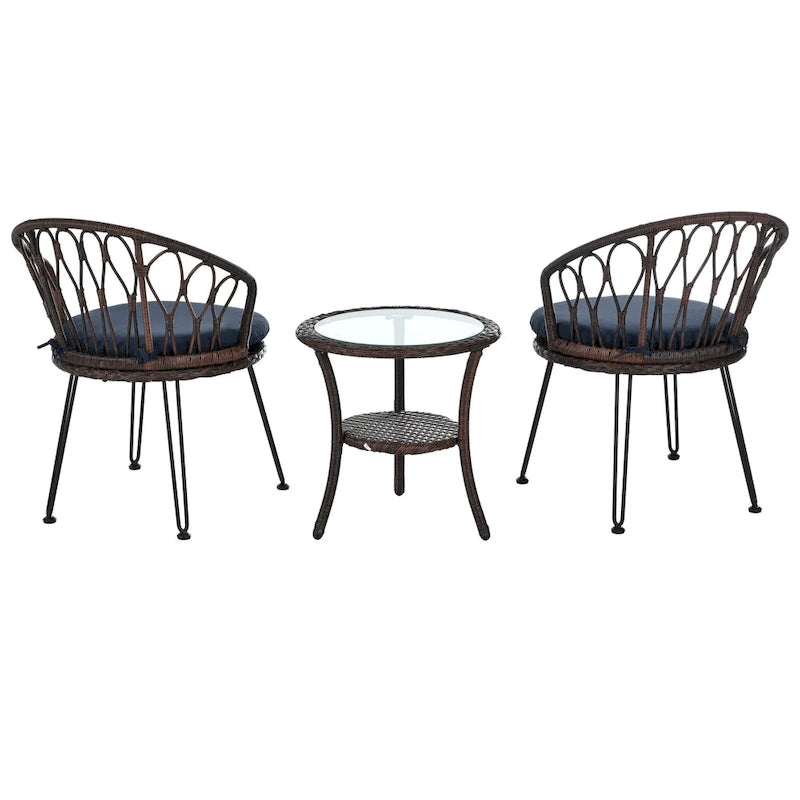 Ensemble de loisirs d'extérieur, 2 chaises individuelles en rotin et 1 table ronde en verre