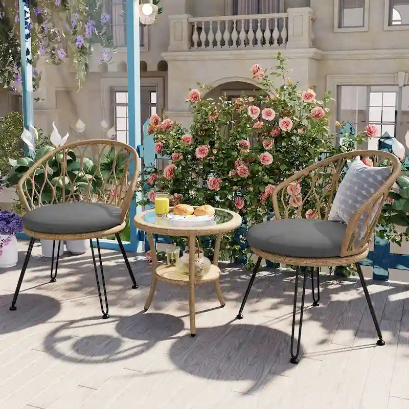 Ensemble de loisirs d'extérieur, 2 chaises individuelles en rotin et 1 table ronde en verre