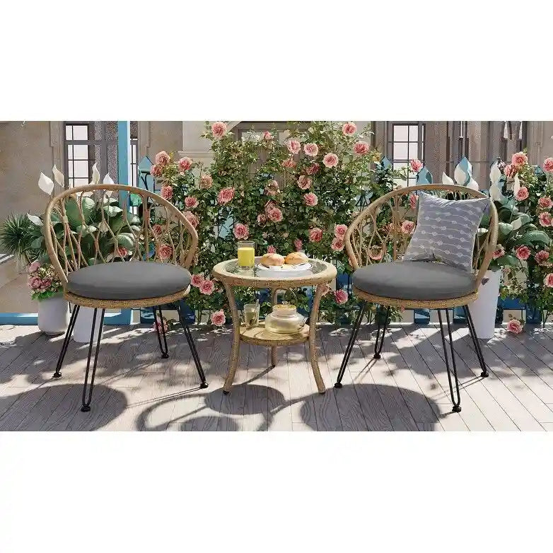 Ensemble de loisirs d'extérieur, 2 chaises individuelles en rotin et 1 table ronde en verre