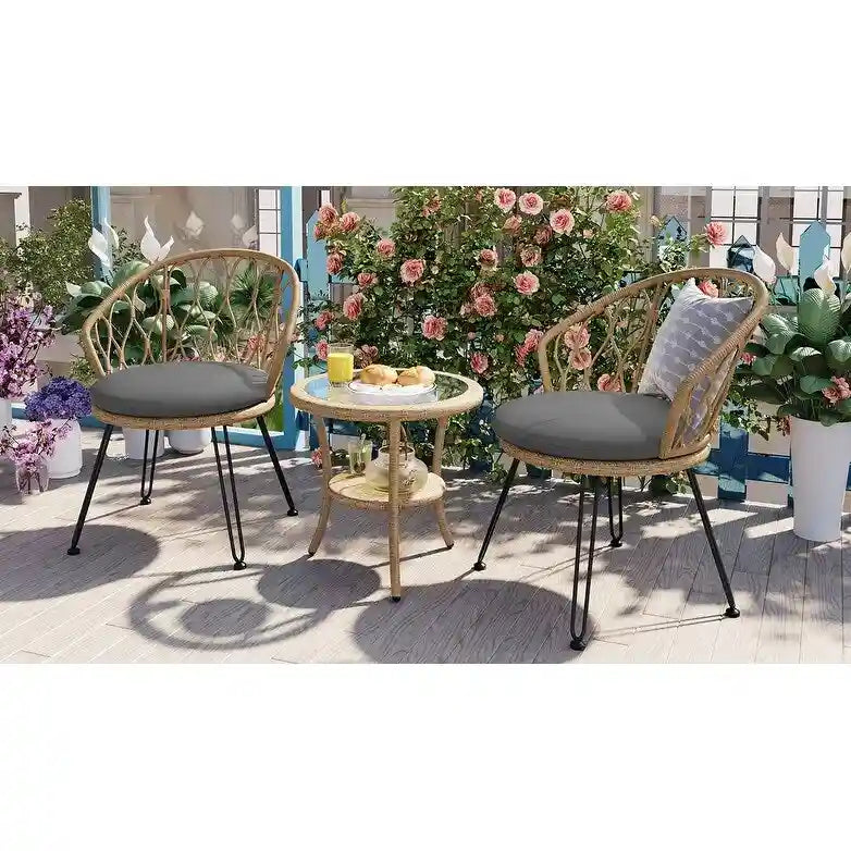 Ensemble de loisirs d'extérieur, 2 chaises individuelles en rotin et 1 table ronde en verre