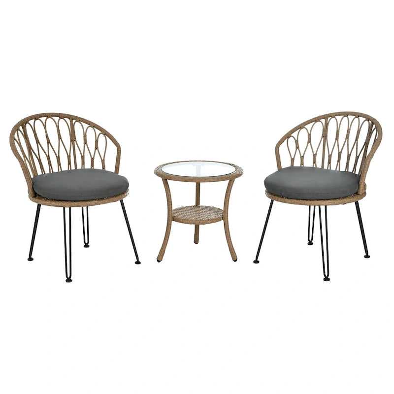 Ensemble de loisirs d'extérieur, 2 chaises individuelles en rotin et 1 table ronde en verre