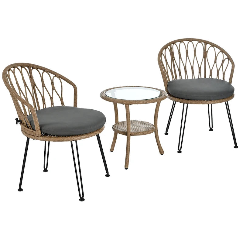 Ensemble de loisirs d'extérieur, 2 chaises individuelles en rotin et 1 table ronde en verre