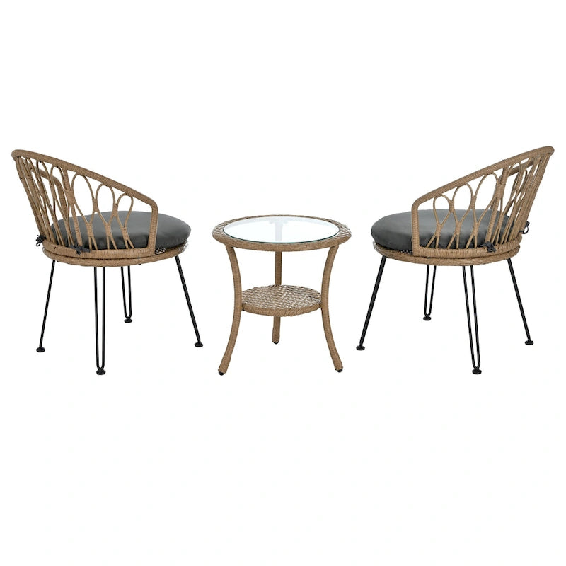 Ensemble de loisirs d'extérieur, 2 chaises individuelles en rotin et 1 table ronde en verre