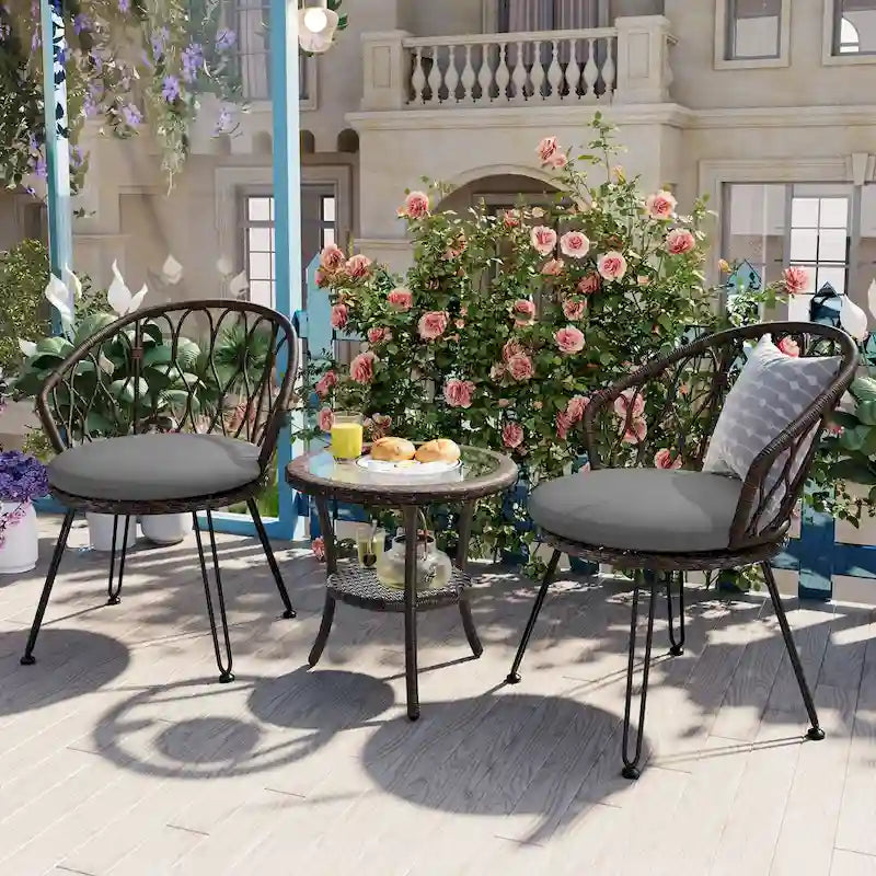 Ensemble de loisirs d'extérieur, 2 chaises individuelles en rotin et 1 table ronde en verre