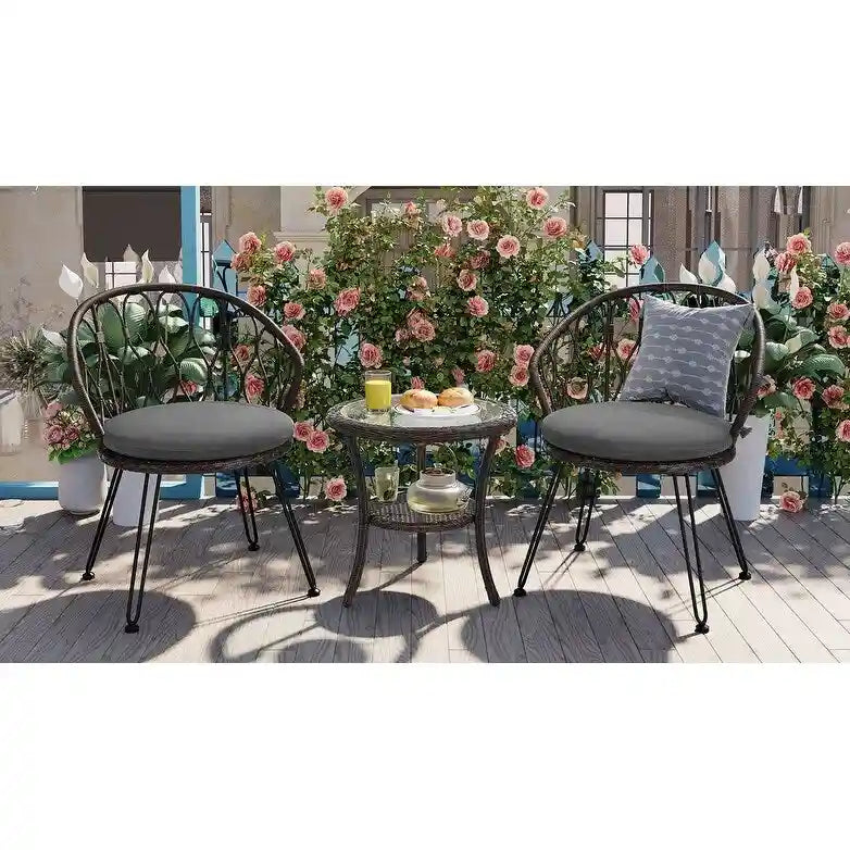 Ensemble de loisirs d'extérieur, 2 chaises individuelles en rotin et 1 table ronde en verre