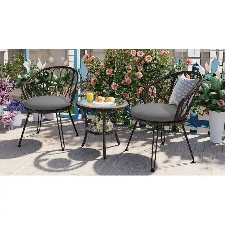 Ensemble de loisirs d'extérieur, 2 chaises individuelles en rotin et 1 table ronde en verre