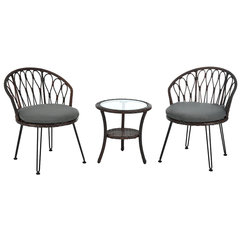 Ensemble de loisirs d'extérieur, 2 chaises individuelles en rotin et 1 table ronde en verre