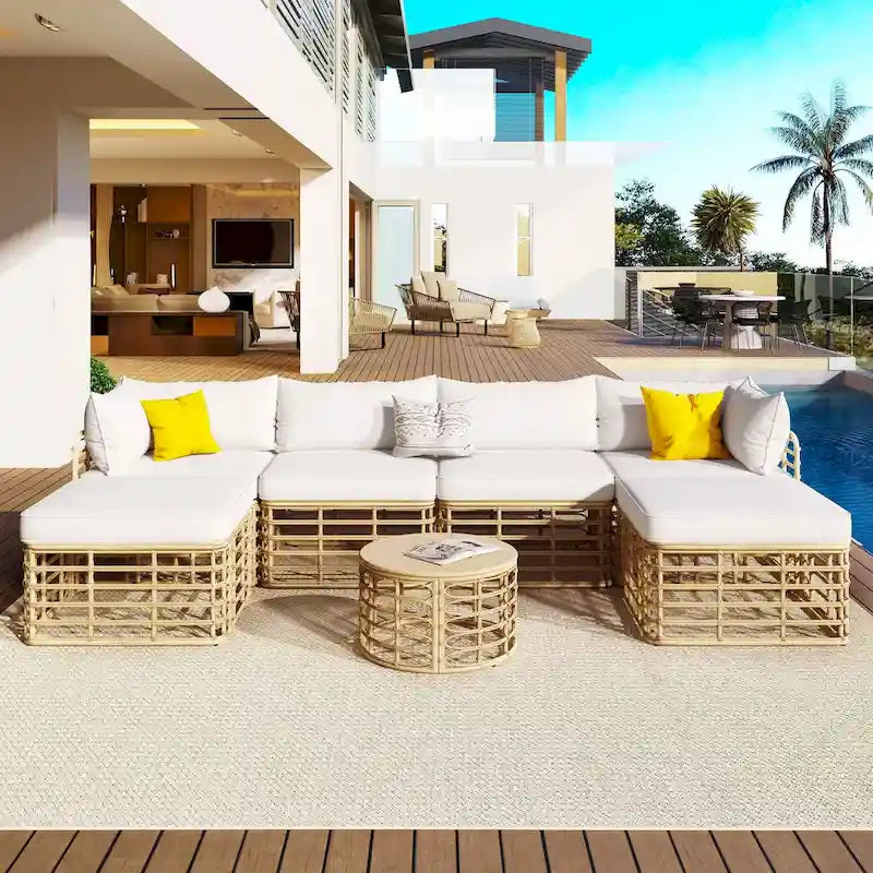 7-Piece Outdoor Rattan Patio Furniture Set with Cushions and Coffee Table