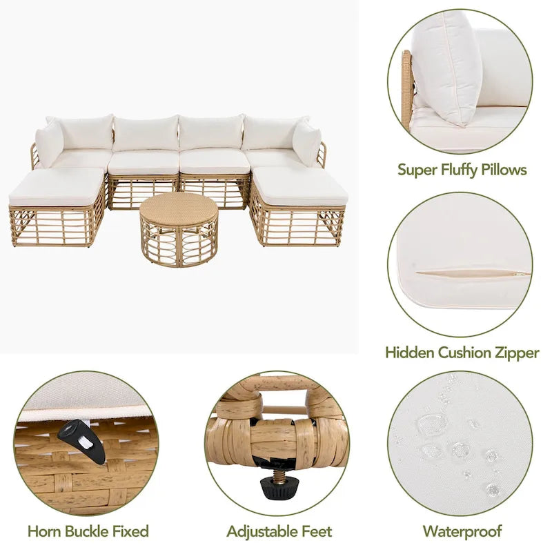 Ensemble de mobilier de jardin en rotin 7 pièces avec coussins et table basse