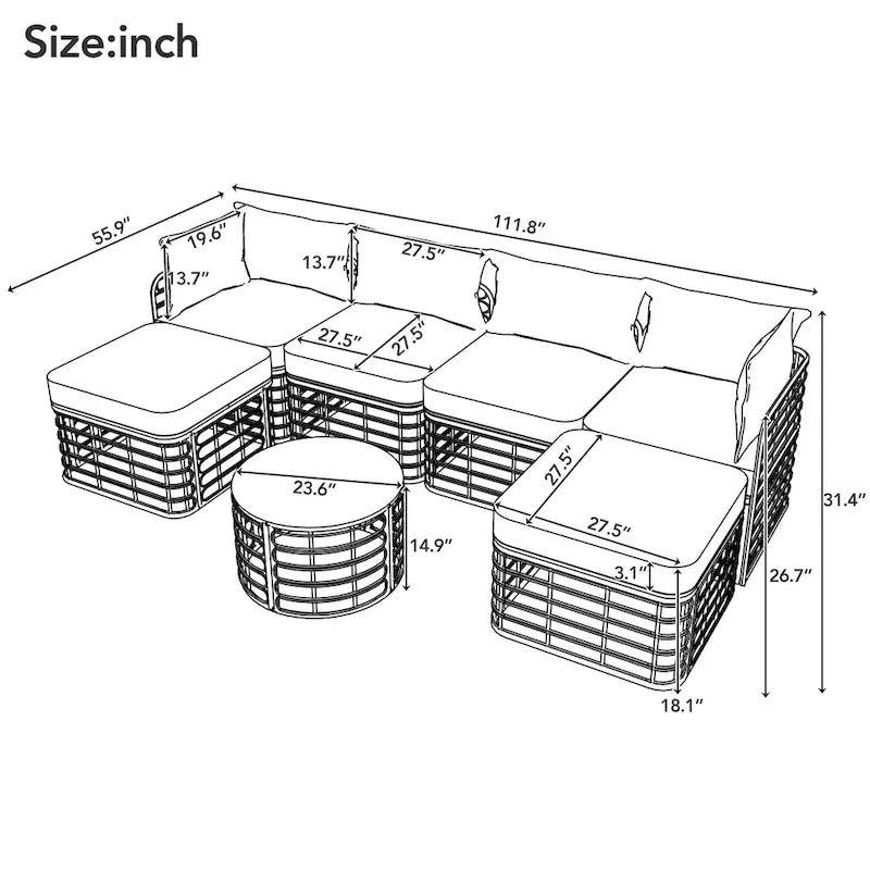 Ensemble de mobilier de jardin en rotin 7 pièces avec coussins et table basse