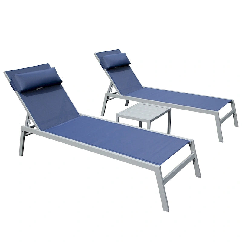 Ensemble de 3 chaises longues de jardin résistantes aux intempéries, inclinables et réglables, avec table d'appoint, pour piscine, plage, jardin ou balcon.