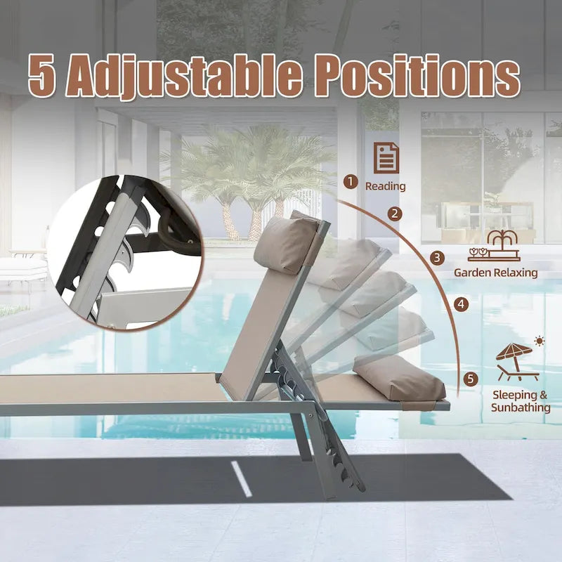Ensemble de 3 chaises longues de jardin résistantes aux intempéries, inclinables et réglables, avec table d'appoint, pour piscine, plage, jardin ou balcon.