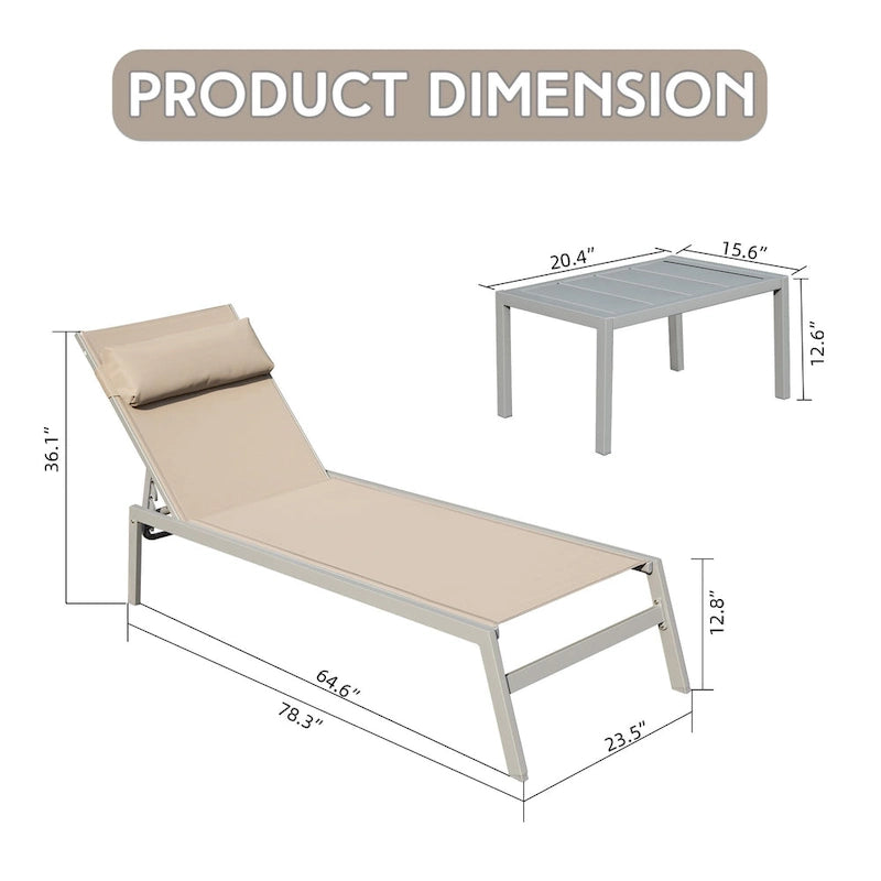 Ensemble de 3 chaises longues de jardin résistantes aux intempéries, inclinables et réglables, avec table d'appoint, pour piscine, plage, jardin ou balcon.