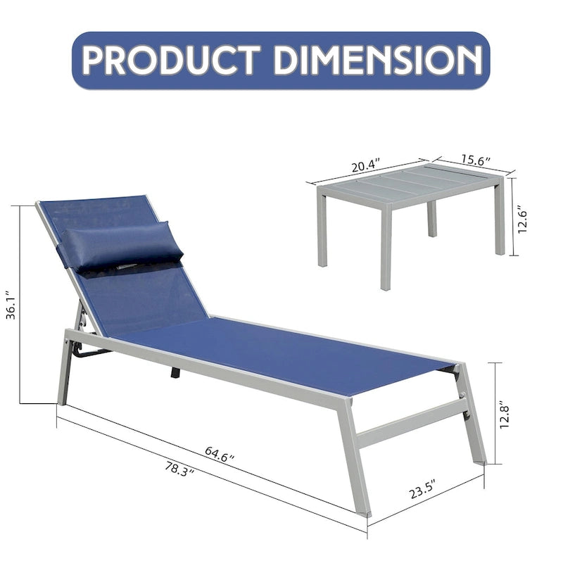 Ensemble de 3 chaises longues de jardin résistantes aux intempéries, inclinables et réglables, avec table d'appoint, pour piscine, plage, jardin ou balcon.