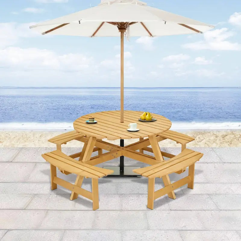 Table de pique-nique ronde d'extérieur pour 8 personnes avec 4 bancs doubles