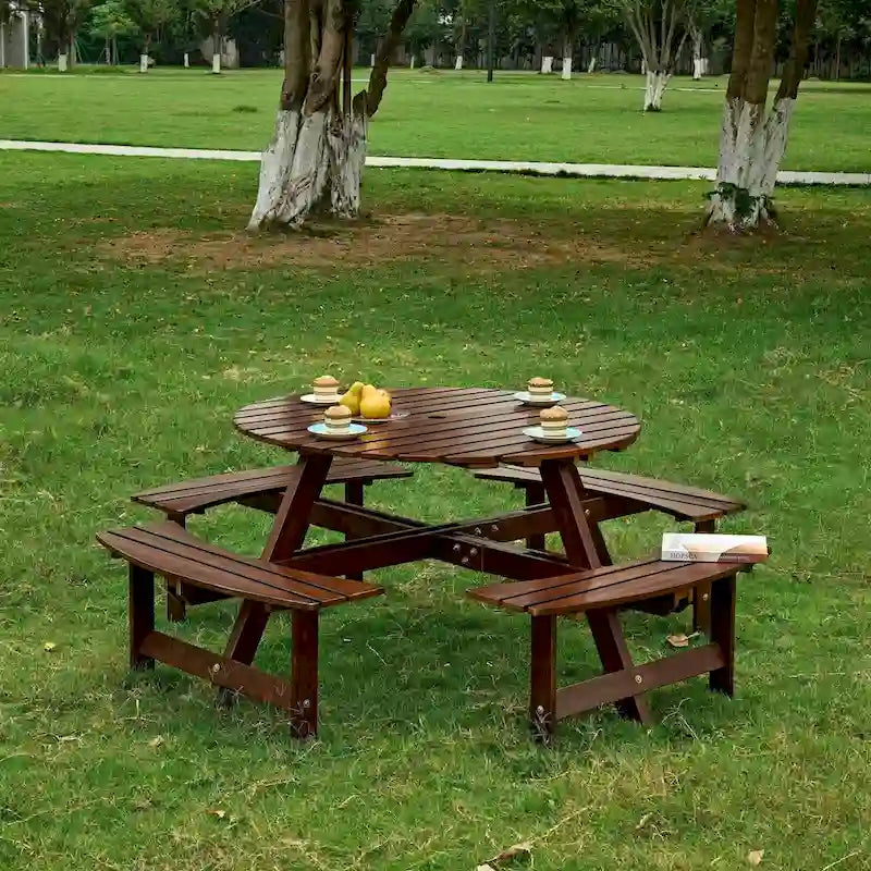 Table de pique-nique ronde d'extérieur pour 8 personnes avec 4 bancs doubles