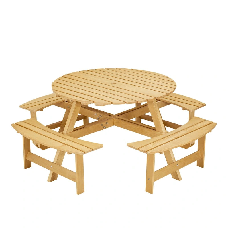 Table de pique-nique ronde d'extérieur pour 8 personnes avec 4 bancs doubles