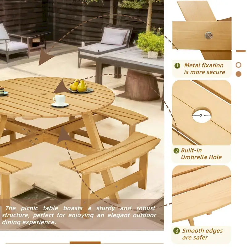 Table de pique-nique ronde d'extérieur pour 8 personnes avec 4 bancs doubles