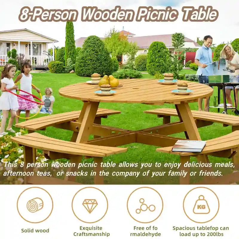 Table de pique-nique ronde d'extérieur pour 8 personnes avec 4 bancs doubles