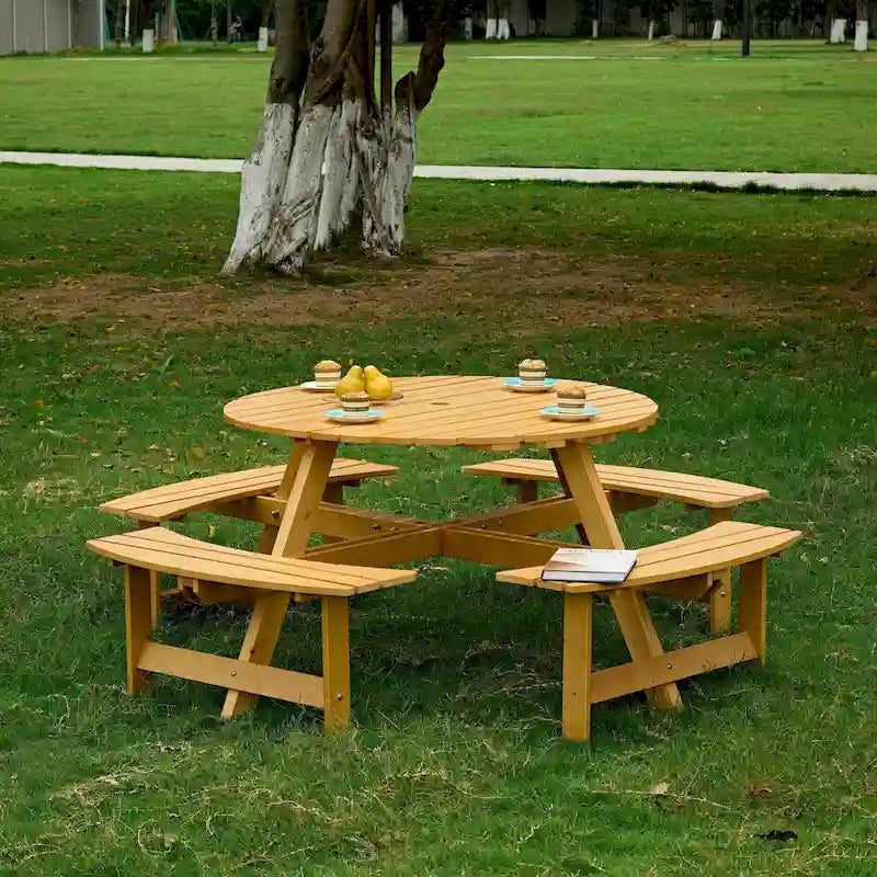 Table de pique-nique ronde d'extérieur pour 8 personnes avec 4 bancs doubles