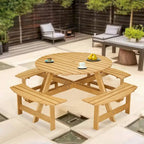 Table de pique-nique ronde d'extérieur pour 8 personnes avec 4 bancs doubles