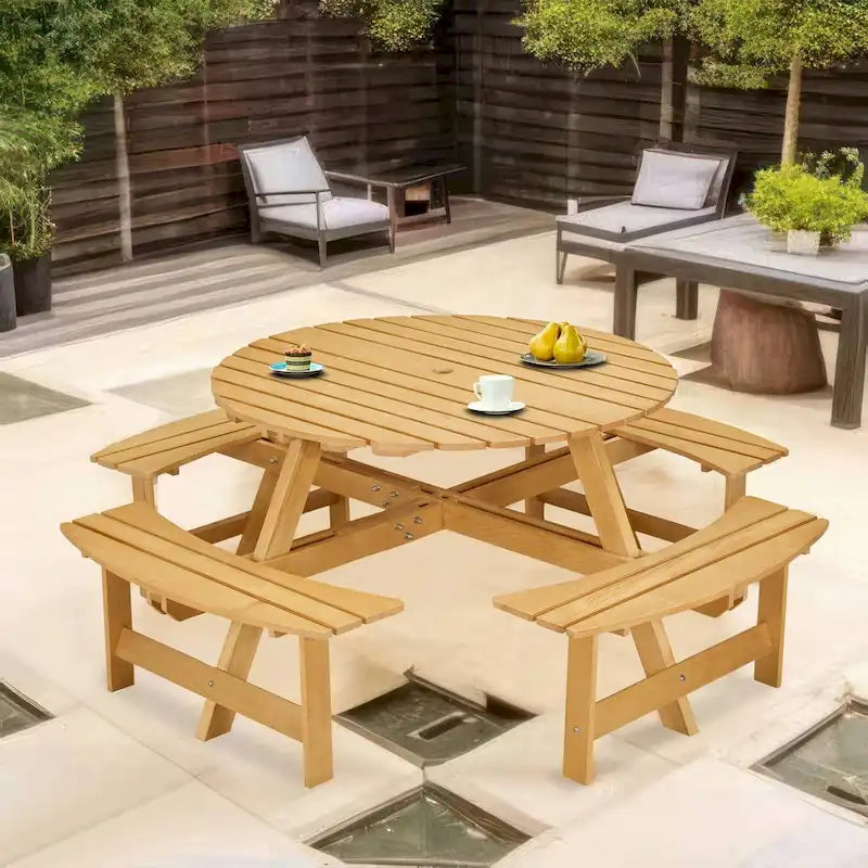Table de pique-nique ronde d'extérieur pour 8 personnes avec 4 bancs doubles